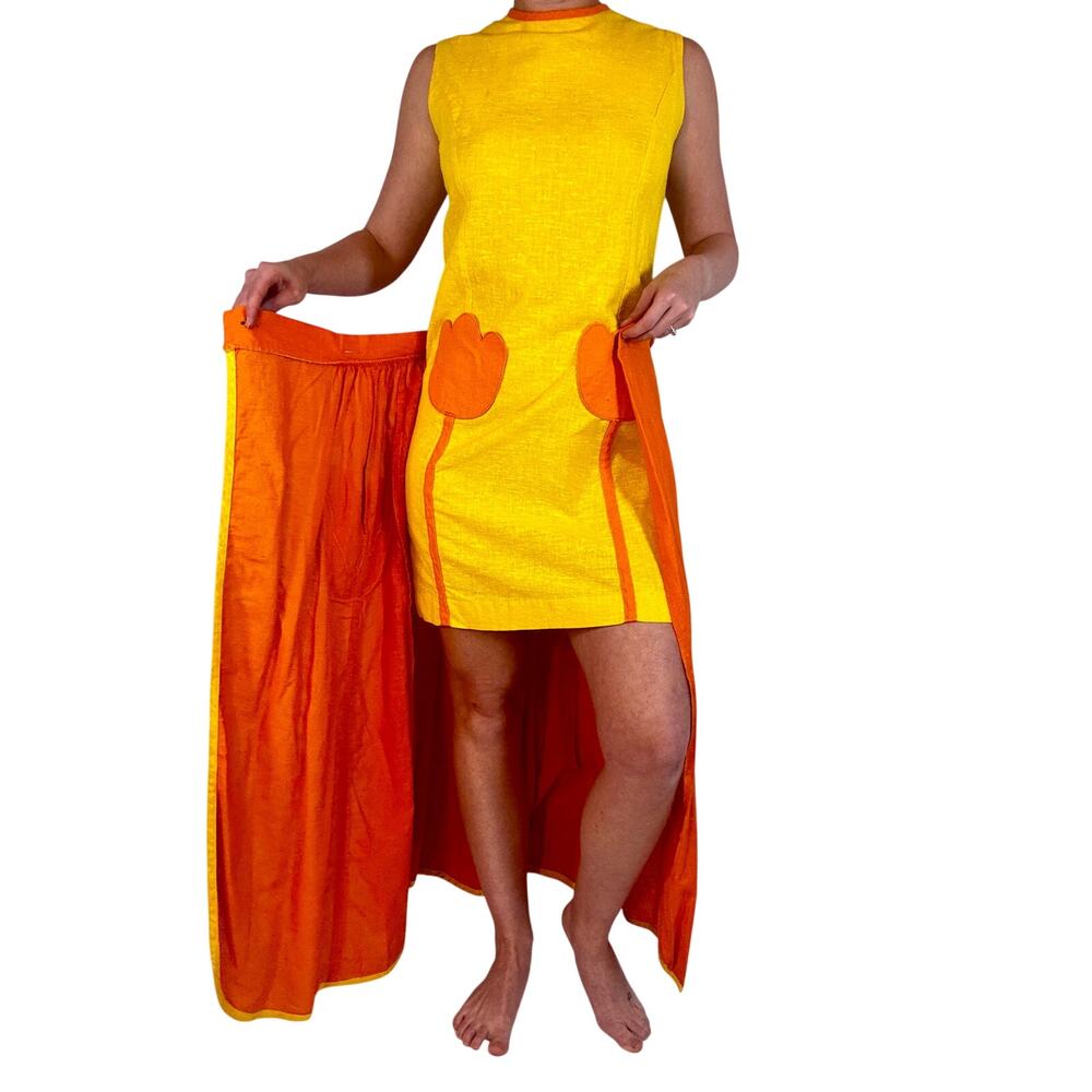 Vintage 1960s Mod Shift Dress Tear Away Skirt Set Yellow Orange Tulip Pockets - Picture 7 of 16
